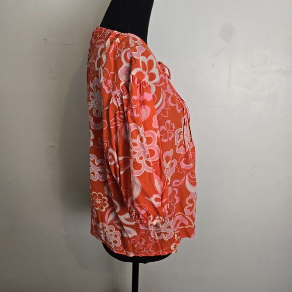Olivaceous Popover Blouse Small Orange Pink Floral Retro 70s Inspired Pintuck - Picture 6 of 11